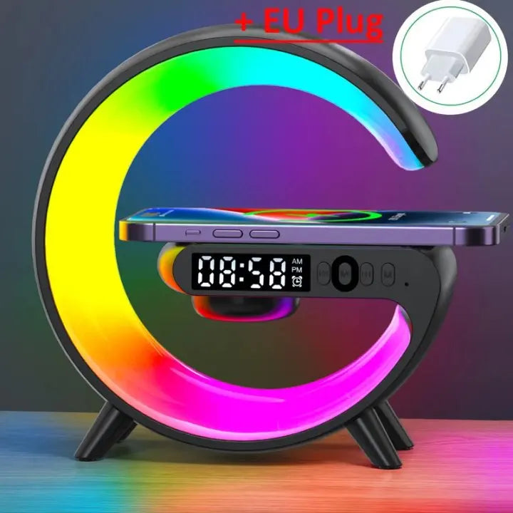 Multifunction LED Lamp with 15W Wireless Charging, Bluetooth Speaker, and Alarm Clock