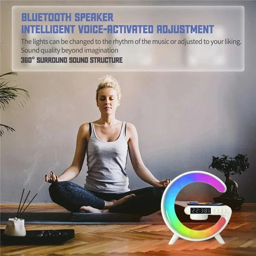 Multifunction LED Lamp with 15W Wireless Charging, Bluetooth Speaker, and Alarm Clock