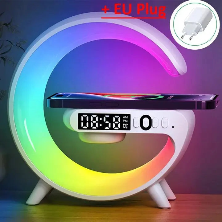 Multifunction LED Lamp with 15W Wireless Charging, Bluetooth Speaker, and Alarm Clock