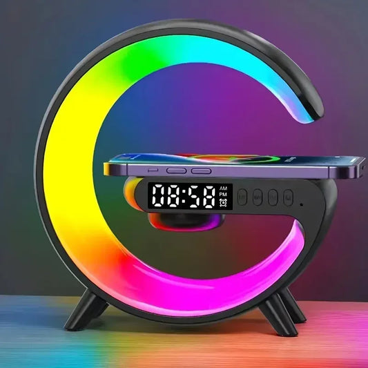 Multifunction LED Lamp with 15W Wireless Charging, Bluetooth Speaker, and Alarm Clock