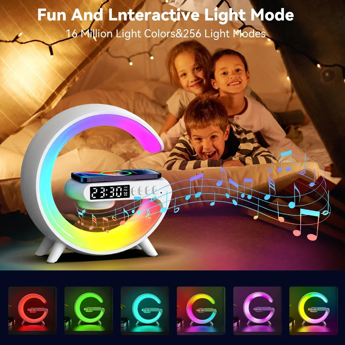 Multifunction LED Lamp with 15W Wireless Charging, Bluetooth Speaker, and Alarm Clock
