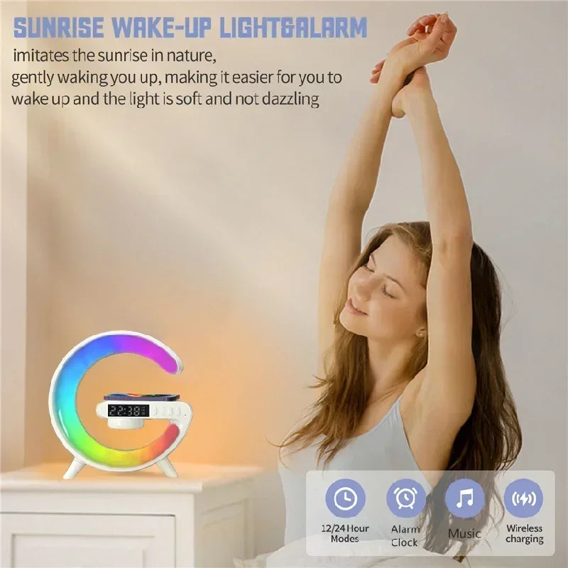 Multifunction LED Lamp with 15W Wireless Charging, Bluetooth Speaker, and Alarm Clock