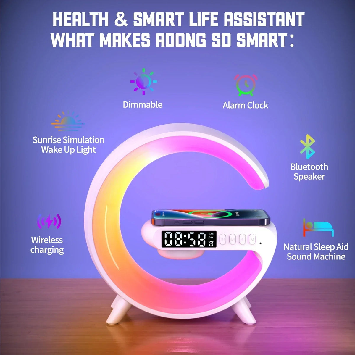 Multifunction LED Lamp with 15W Wireless Charging, Bluetooth Speaker, and Alarm Clock